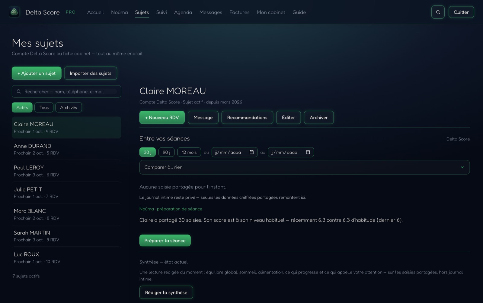 La fiche d'un sujet dans Delta Score Pro