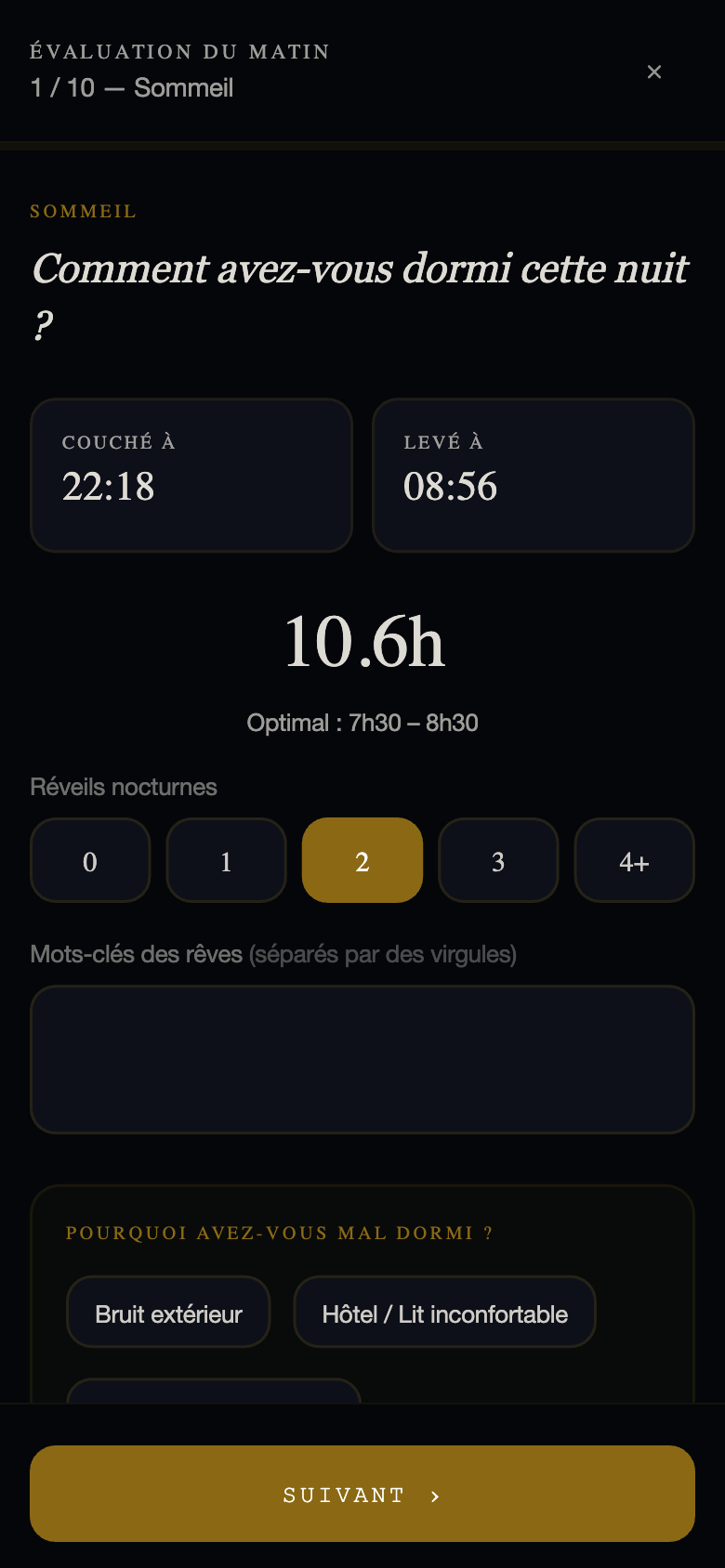 L'écran de saisie du matin dans l'application