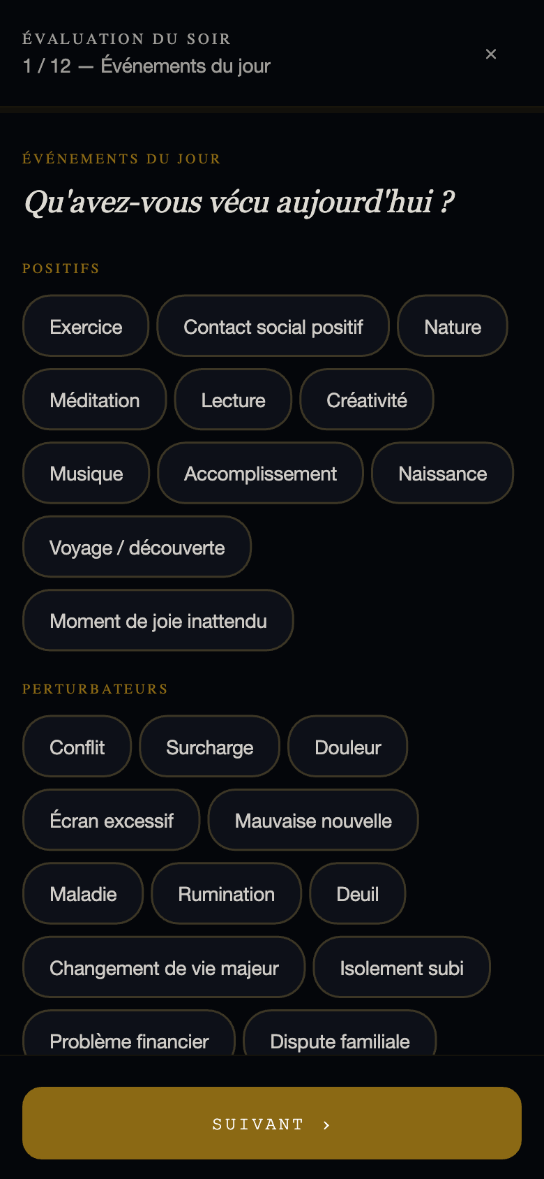 L'écran de saisie du soir dans l'application